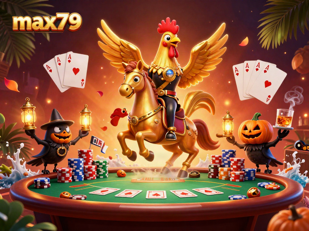 Experience max79's vibrant casino atmosphere with golden rooster characters and poker elements.