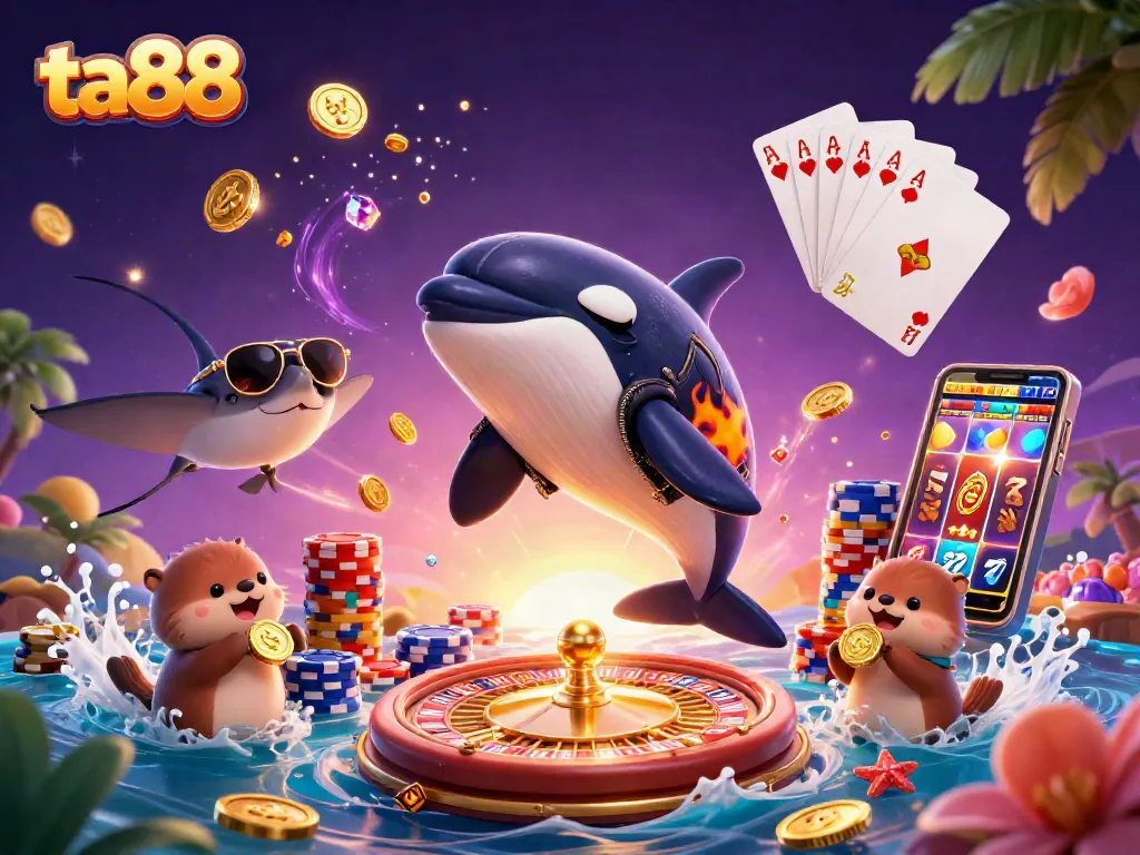 Unleash wins at ta88 with a thrilling casino scene featuring vibrant characters and game elements.