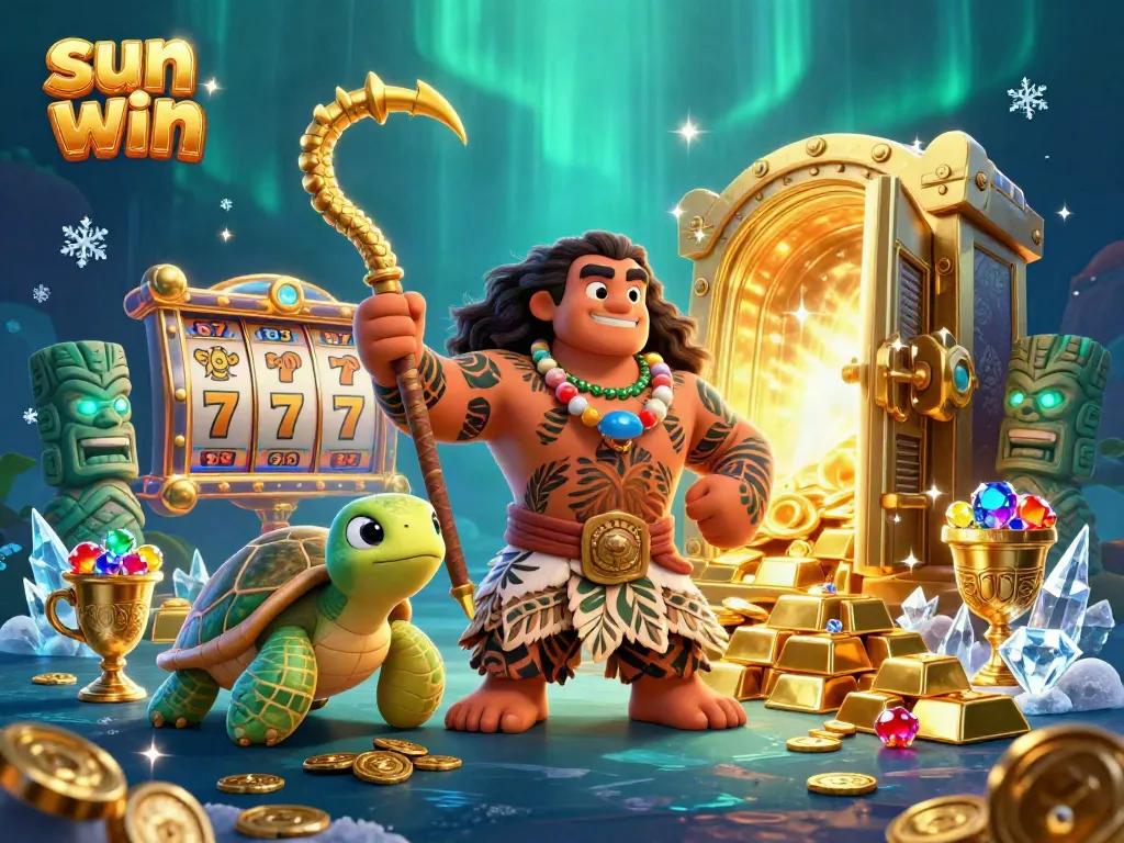 Experience the excitement of sun win gaming with vibrant symbols and treasure in an engaging 3D illustration.