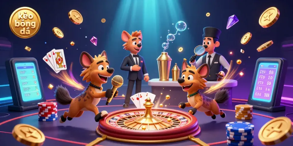 Engage with kèo bóng đá as playful hyenas animate a sports betting scene filled with vibrant gambling elements.