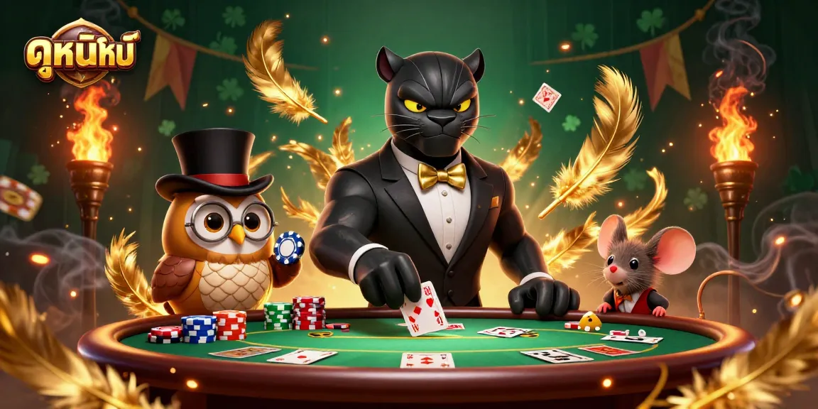 Engaging illustration showcasing a stylish black panther dealing cards at a poker table as ดูหนังใหม่ captivates viewers.