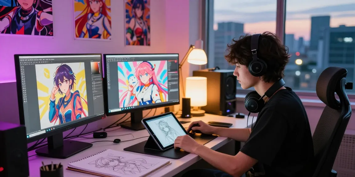 Creating femboy hentai games in a vibrant studio setting with character designs and colorful artwork.