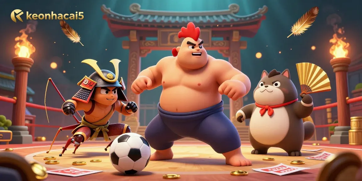 Betting on keonhacai5 with a powerful rooster and samurai cricket in a dynamic arena.