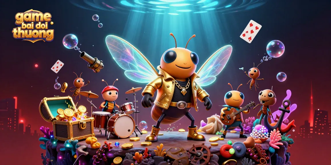 Experience the thrill of game bai doi thuong with vibrant cartoon characters amidst exploding treasure and casino elements.