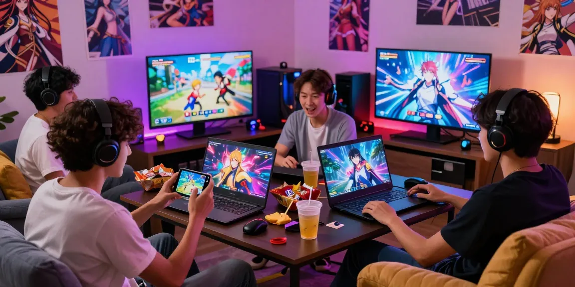 Group enjoying vibrant hentai ganes on various devices in a cozy gaming setting