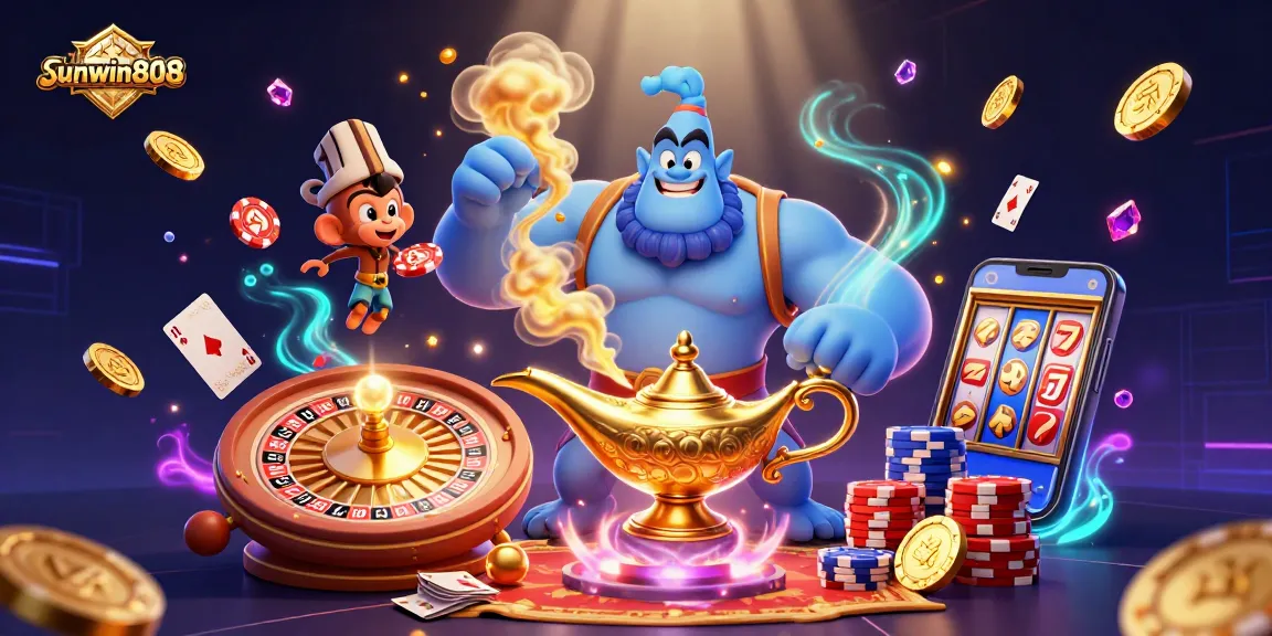 Experience exhilarating adventures with sunwin808 in a dazzling casino-themed illustration of a genie, poker chips, and gold coins.
