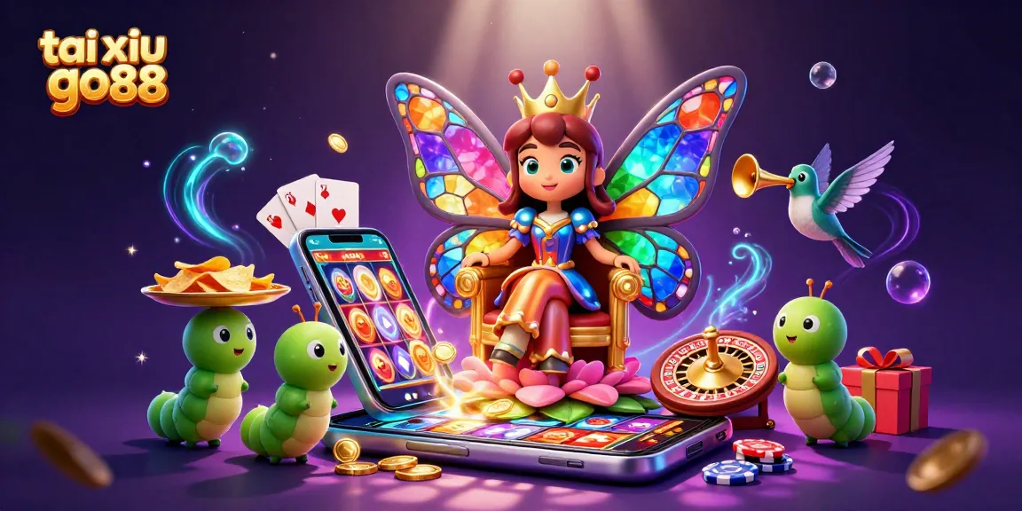 Tai xiu go88 showcases a vibrant 3D scene with a butterfly queen and casino elements, enhancing your gaming experience.