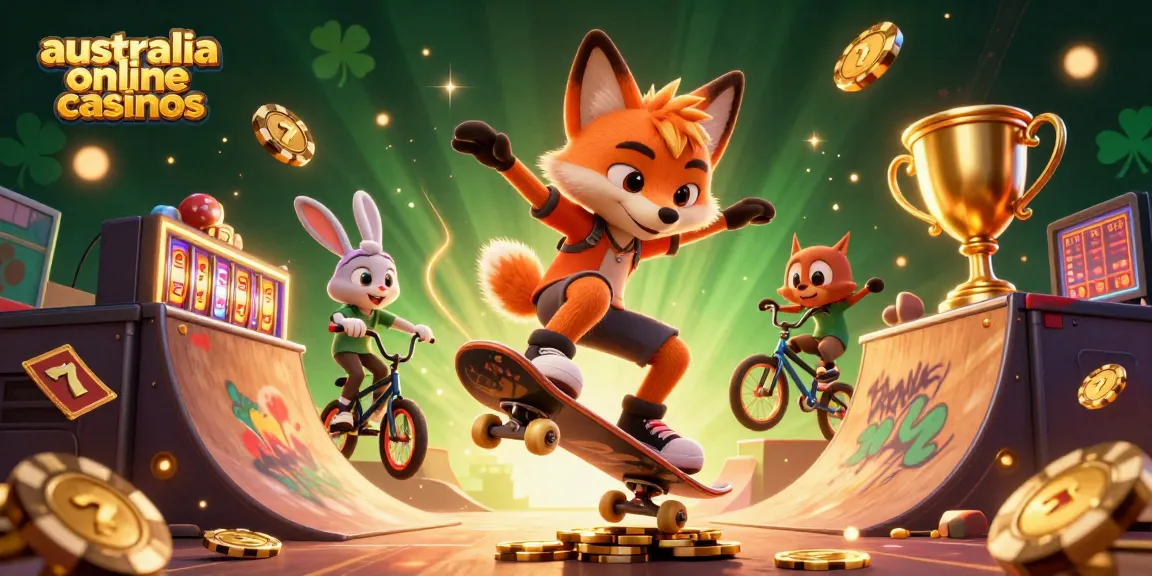 Experience thrilling action at australia online casinos with a fox and rabbit racing over animated casino elements.