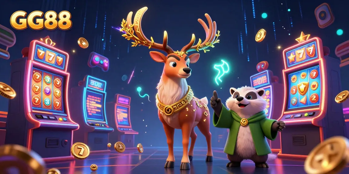 Experience GG88's vibrant casino with a Celtic druid stag, badger, and slot machines in a magical setting.