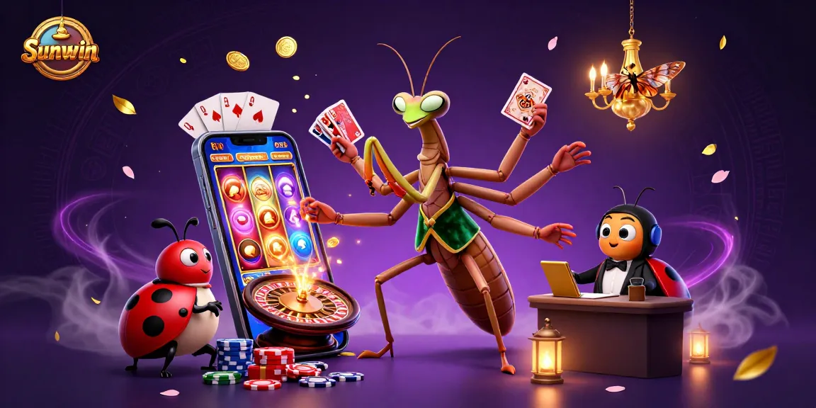 Engage with Sunwin's thrilling games as a giant mantis dealer shuffles cards and pours champagne.