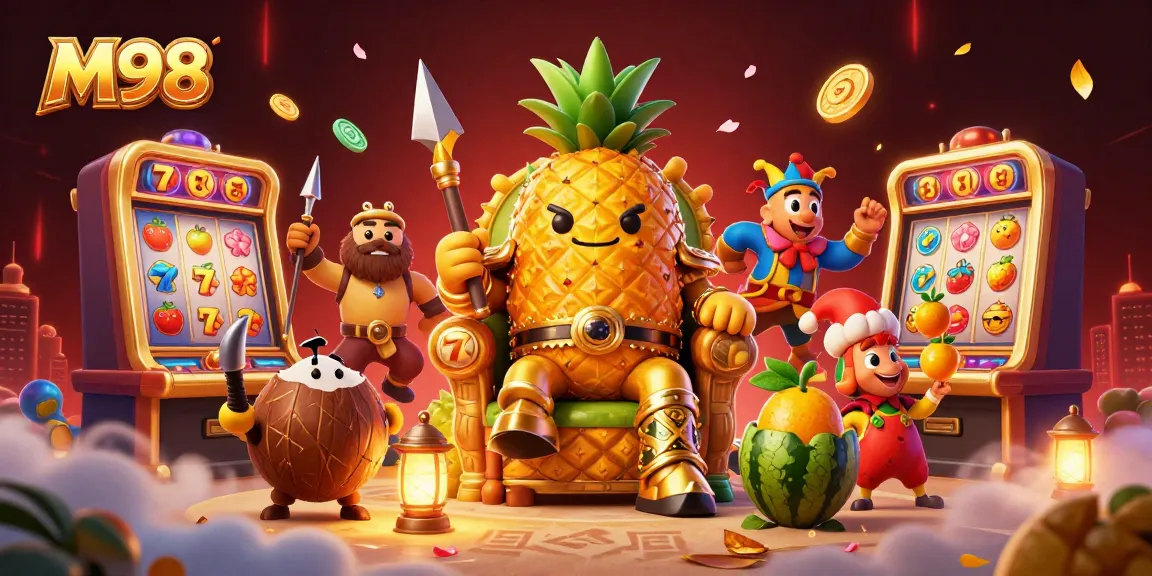 Engage in exciting M98 casino adventures with a vibrant illustration of golden characters surrounded by slots and festive decor.