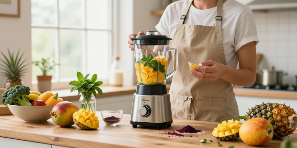 Camu camu powder used in a colorful smoothie preparation, showcasing healthy ingredients and vibrant kitchen scene.