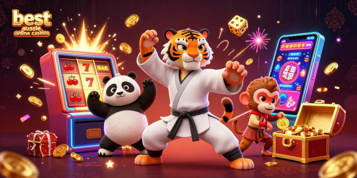 Engage with the best aussie online casinos through this vibrant 3D casino illustration featuring iconic characters and game elements.