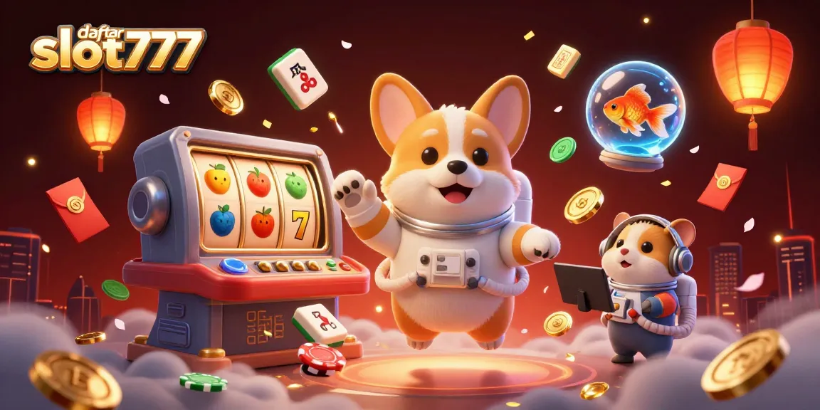 Experience the thrill of daftar slot777 with a 3D floating casino scene filled with vibrant slot reels and fun characters.