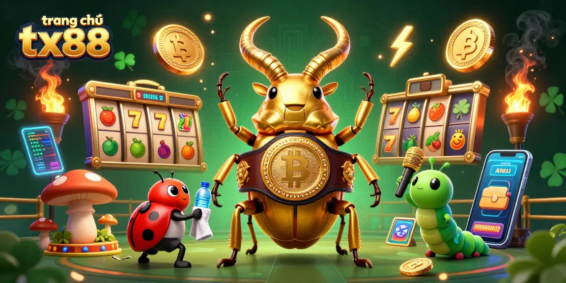 Engage with trang chủ tx88's vibrant gambling scene featuring a glowing stag beetle and lively casino elements.