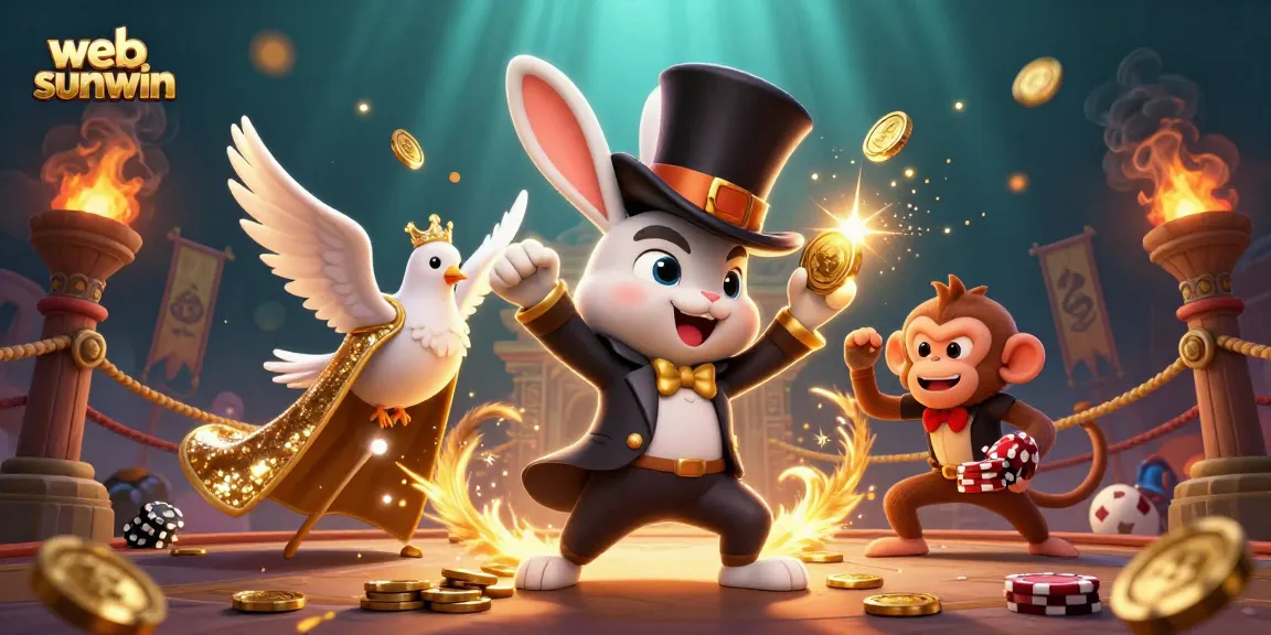 Experience thrilling gaming at web sunwin with a magical scene featuring a magician rabbit, a dove, and a monkey surrounded by casino elements.
