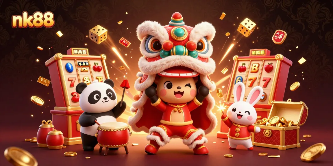 Experience the vibrant thrill of nk88 casino with a festive lion dance amid a jackpot explosion of coins and bright casino symbols.