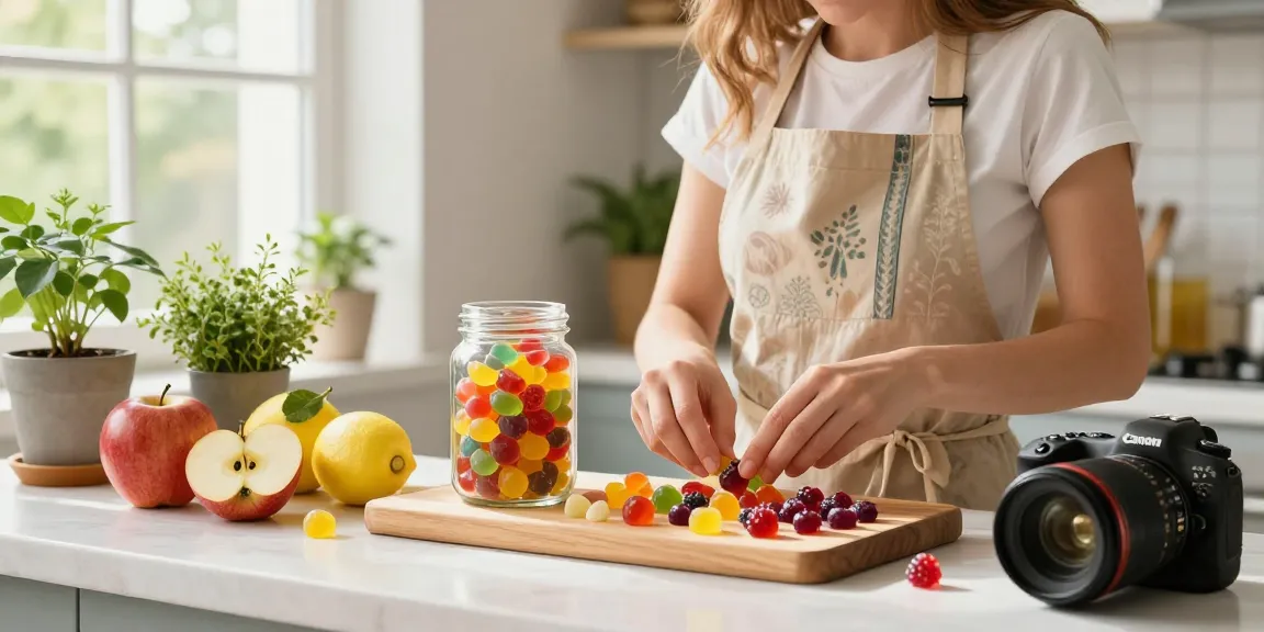 Shop CBD gummies Canada with colorful flavors and vibrant kitchen scene showcasing wellness.