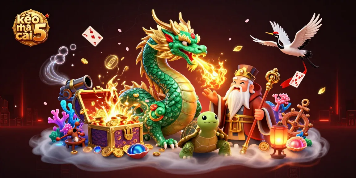 Engaging kèo nhà cái 5 scene showcasing a dragon, wise turtle sage, and lucky cranes among vibrant casino treasures.