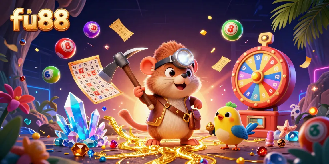 Experience the excitement of fu88 with vibrant lottery balls and a treasure hunter mole in a dynamic gambling scene.