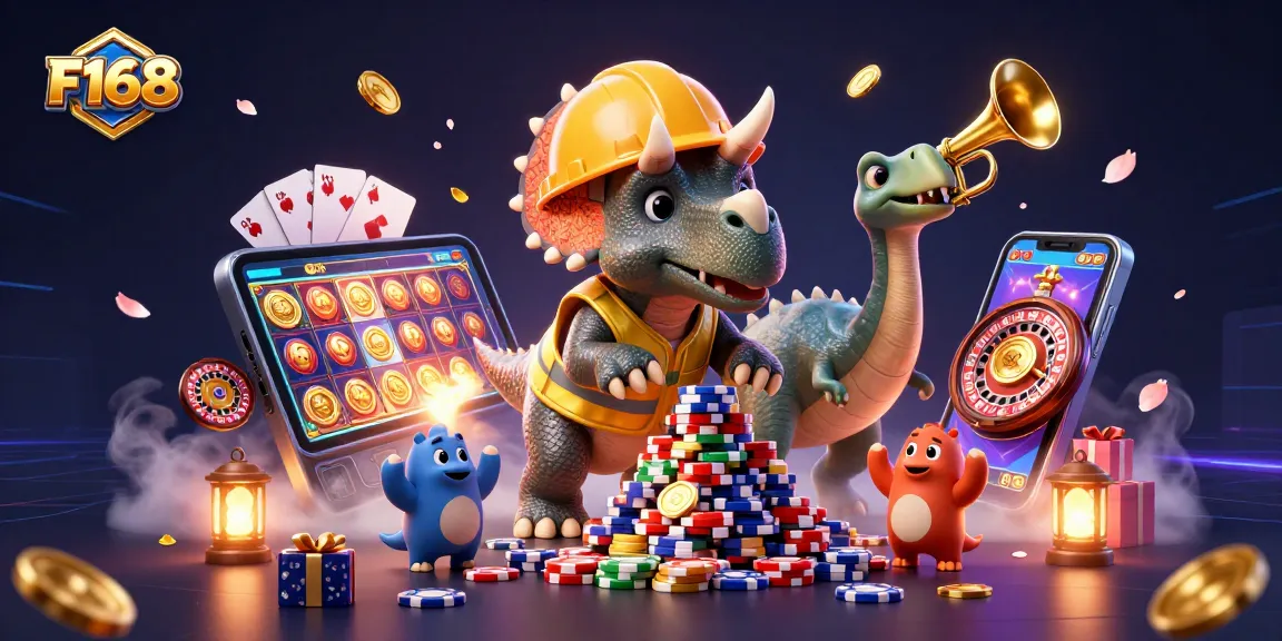 Experience excitement with F168 as a triceratops celebrates a winning poker chip pyramid.